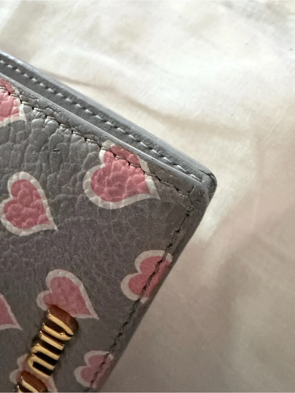 Miu Miu Gray Leather Wallet with Pink Heart Print